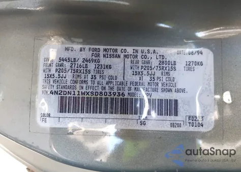 1995 Nissan Quest Xe/Gxe z USA, uszkodzony, nr VIN 4N2DN11WXSD803936